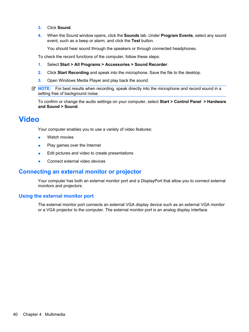 Video, Connecting an external monitor or projector, Using the external monitor port | HP EliteBook 8740w Mobile Workstation User Manual | Page 52 / 150