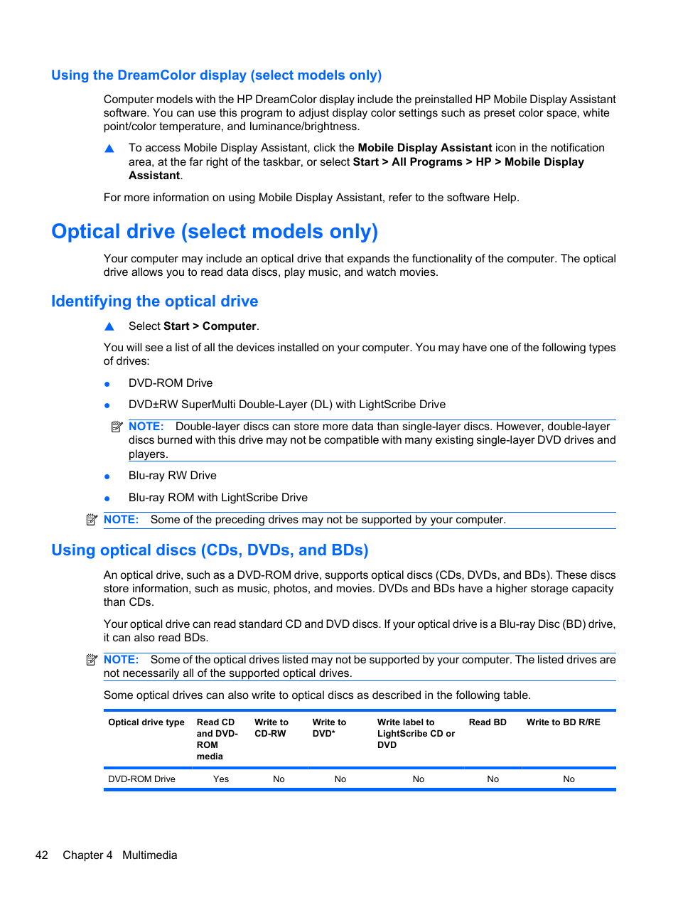Using the dreamcolor display (select models only), Optical drive (select models only), Identifying the optical drive | Using optical discs (cds, dvds, and bds) | HP EliteBook 8740w Mobile Workstation User Manual | Page 54 / 150