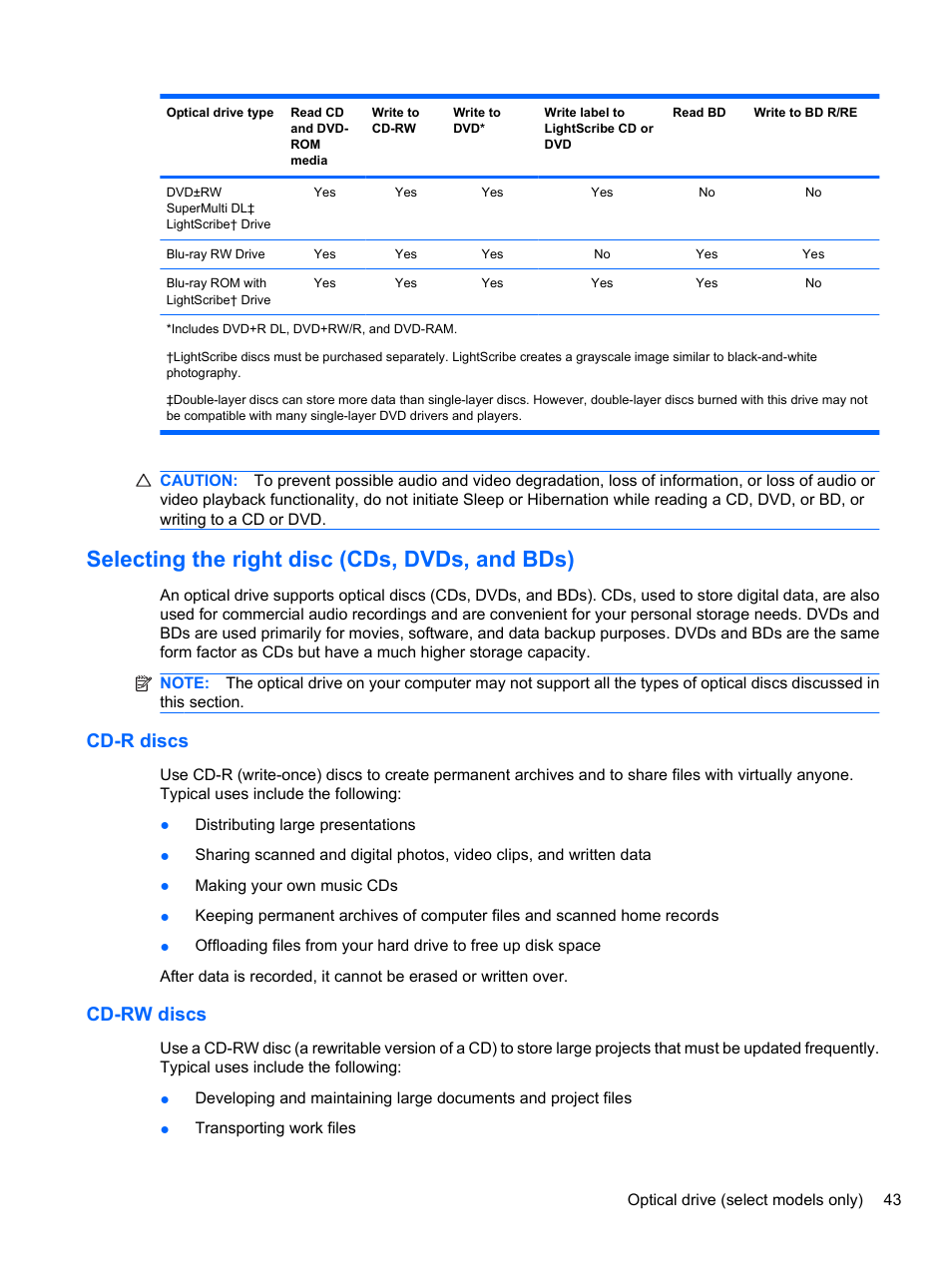 Selecting the right disc (cds, dvds, and bds), Cd-r discs, Cd-rw discs | Cd-r discs cd-rw discs | HP EliteBook 8740w Mobile Workstation User Manual | Page 55 / 150