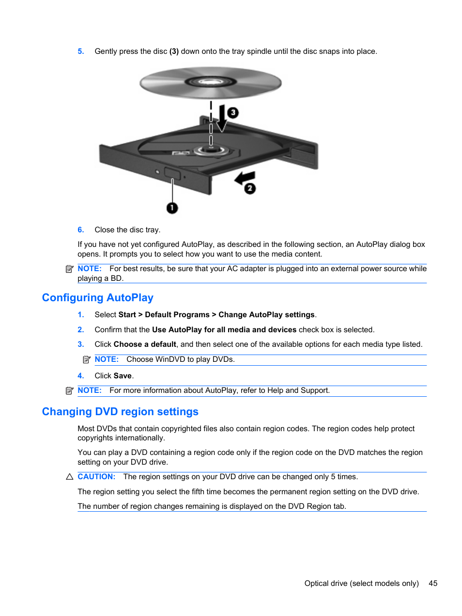 Configuring autoplay, Changing dvd region settings, Configuring autoplay changing dvd region settings | HP EliteBook 8740w Mobile Workstation User Manual | Page 57 / 150