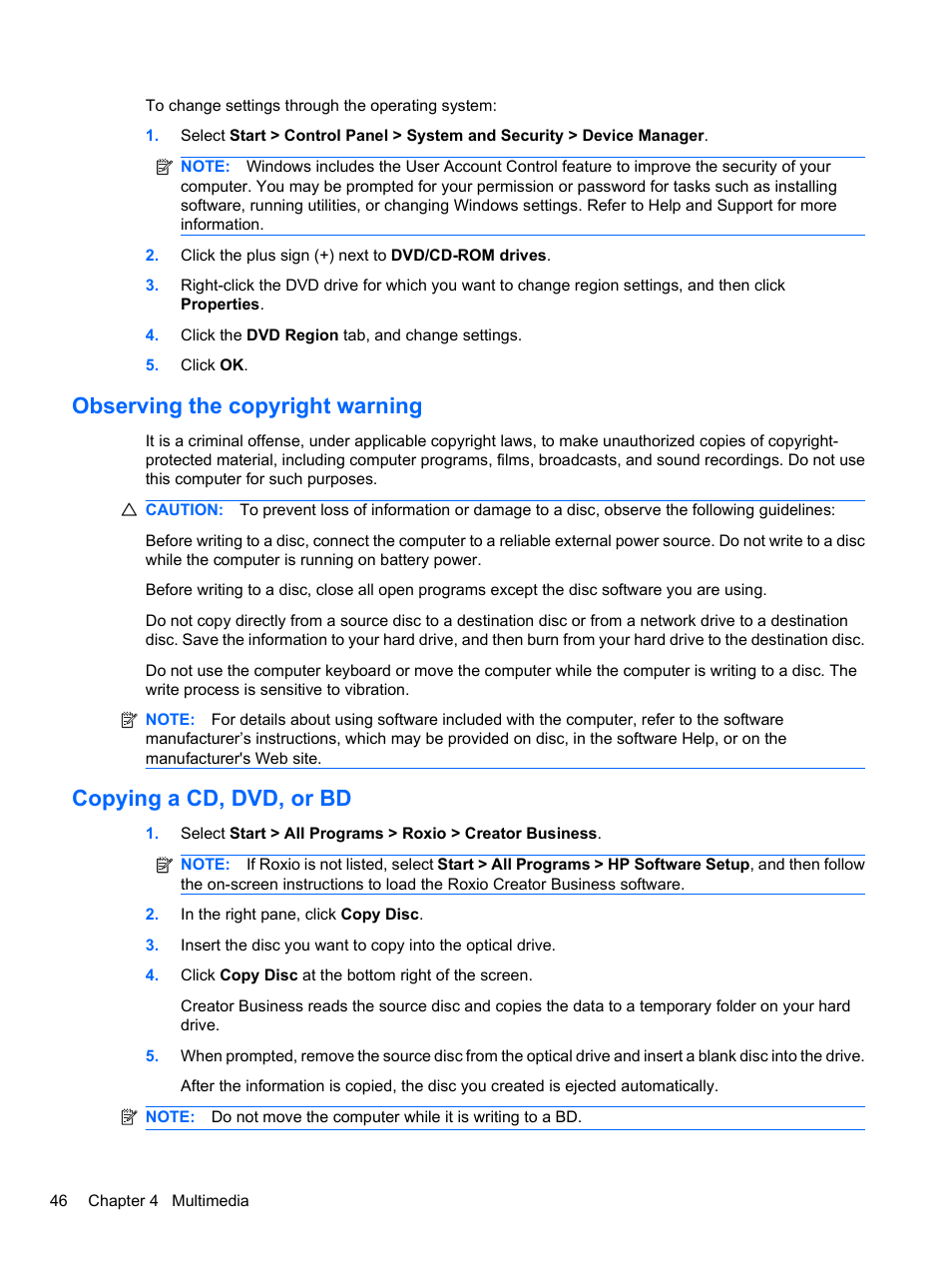 Observing the copyright warning, Copying a cd, dvd, or bd | HP EliteBook 8740w Mobile Workstation User Manual | Page 58 / 150