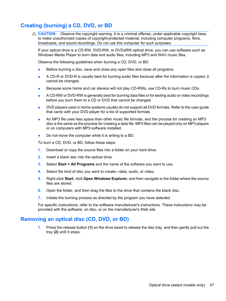 Creating (burning) a cd, dvd, or bd, Removing an optical disc (cd, dvd, or bd) | HP EliteBook 8740w Mobile Workstation User Manual | Page 59 / 150