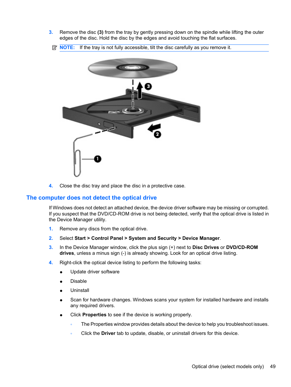 The computer does not detect the optical drive | HP EliteBook 8740w Mobile Workstation User Manual | Page 61 / 150