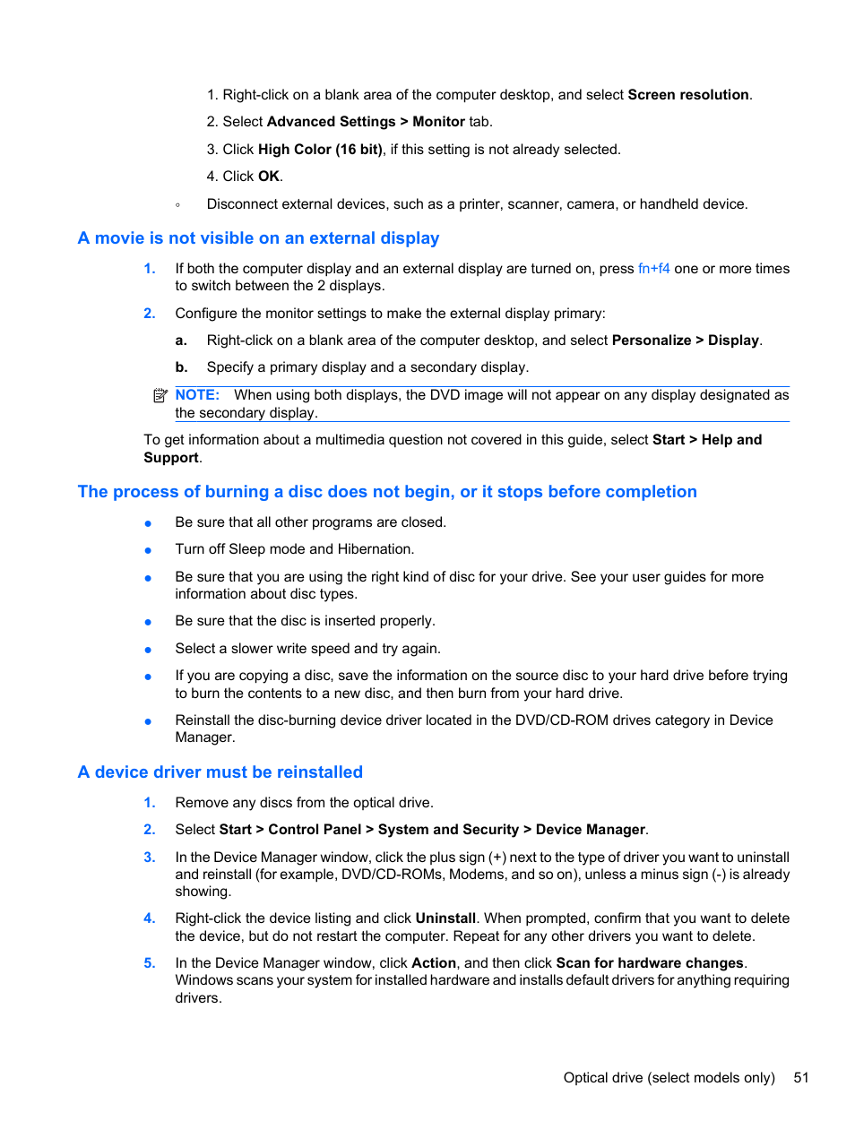 A movie is not visible on an external display, A device driver must be reinstalled | HP EliteBook 8740w Mobile Workstation User Manual | Page 63 / 150