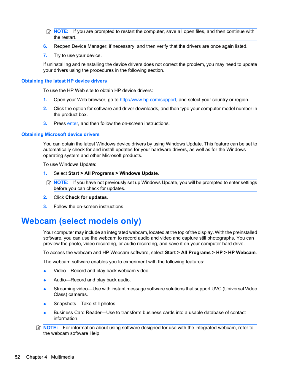 Obtaining the latest hp device drivers, Obtaining microsoft device drivers, Webcam (select models only) | HP EliteBook 8740w Mobile Workstation User Manual | Page 64 / 150