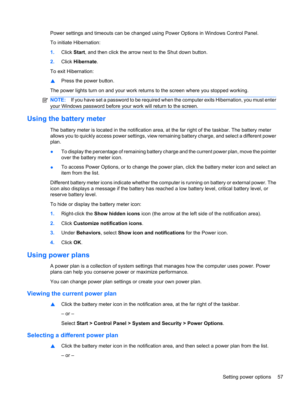 Using the battery meter, Using power plans, Viewing the current power plan | Selecting a different power plan | HP EliteBook 8740w Mobile Workstation User Manual | Page 69 / 150