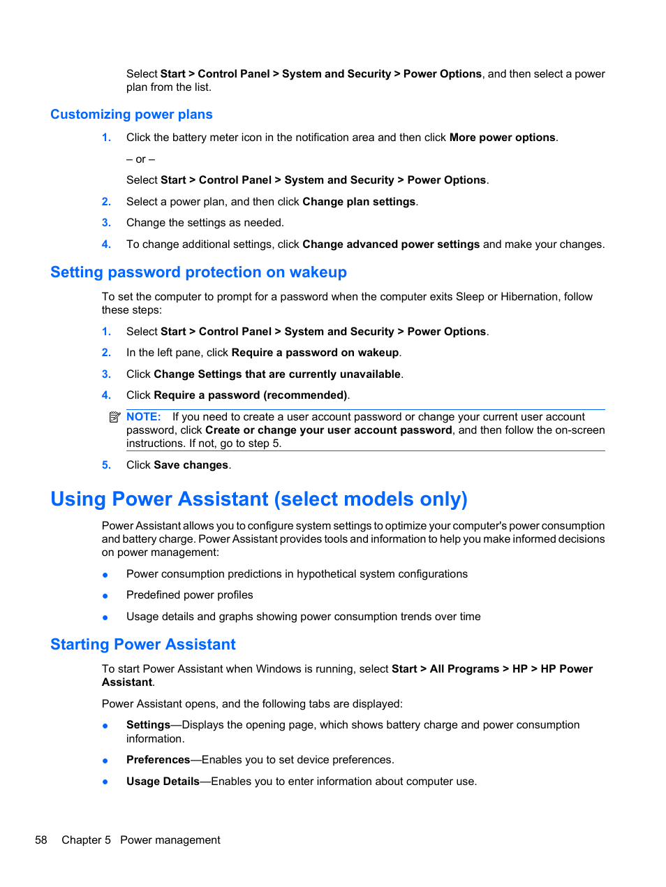 Customizing power plans, Setting password protection on wakeup, Using power assistant (select models only) | Starting power assistant | HP EliteBook 8740w Mobile Workstation User Manual | Page 70 / 150