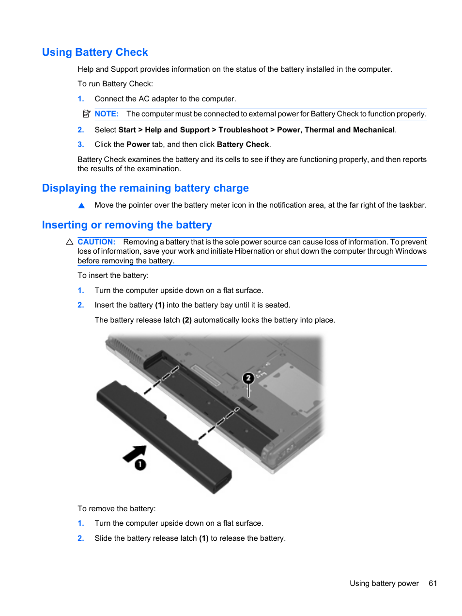 Using battery check, Displaying the remaining battery charge, Inserting or removing the battery | HP EliteBook 8740w Mobile Workstation User Manual | Page 73 / 150