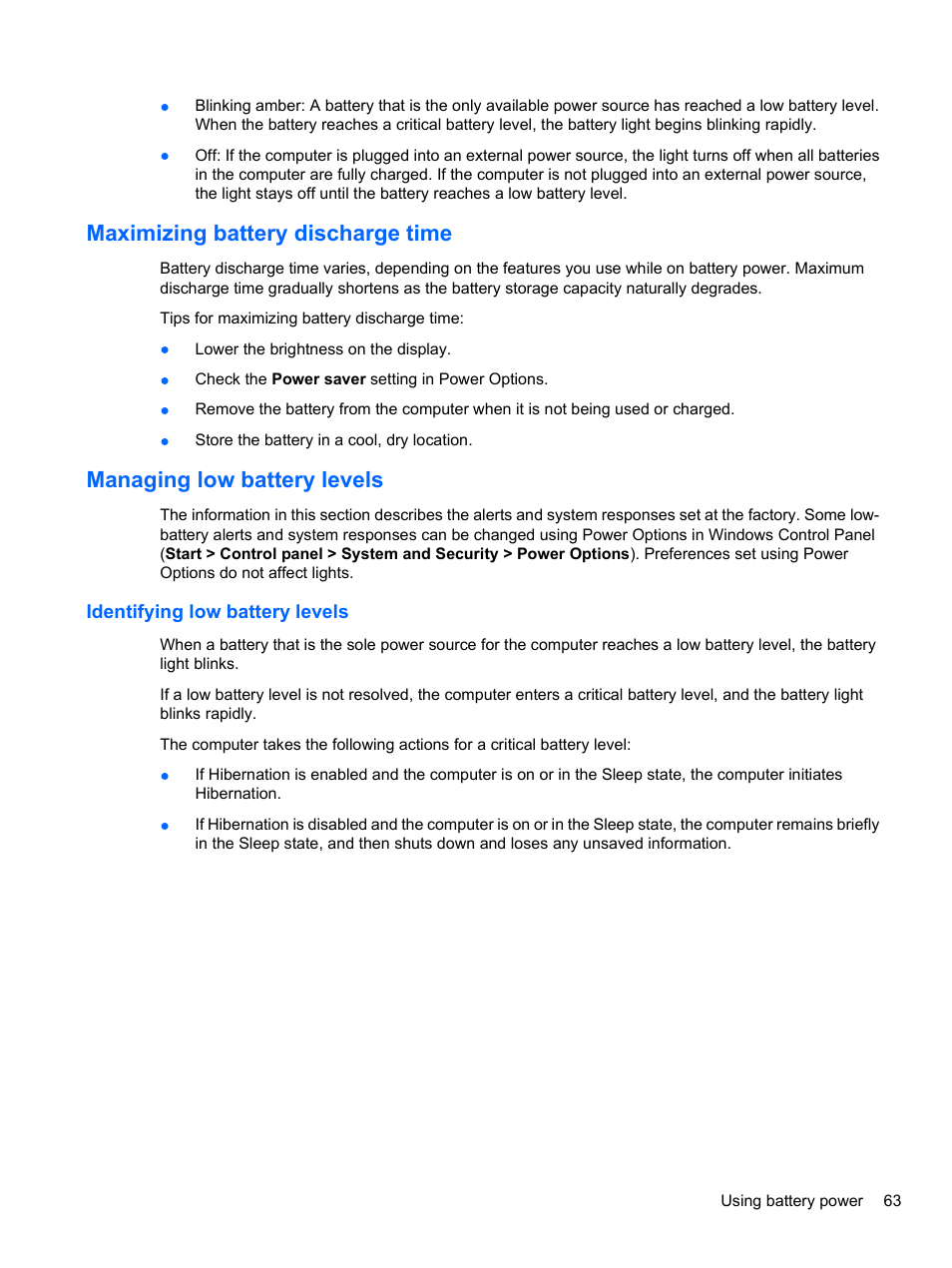Maximizing battery discharge time, Managing low battery levels, Identifying low battery levels | HP EliteBook 8740w Mobile Workstation User Manual | Page 75 / 150