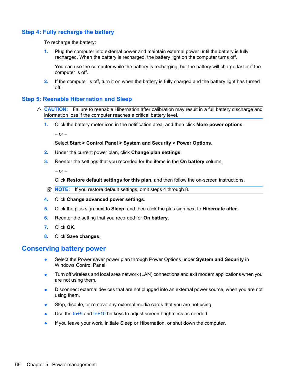 Step 4: fully recharge the battery, Step 5: reenable hibernation and sleep, Conserving battery power | HP EliteBook 8740w Mobile Workstation User Manual | Page 78 / 150
