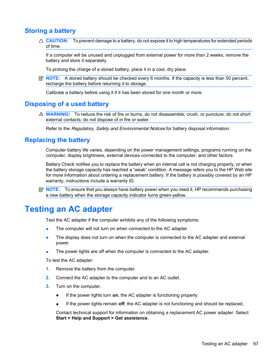 Storing a battery, Disposing of a used battery, Replacing the battery | Testing an ac adapter | HP EliteBook 8740w Mobile Workstation User Manual | Page 79 / 150