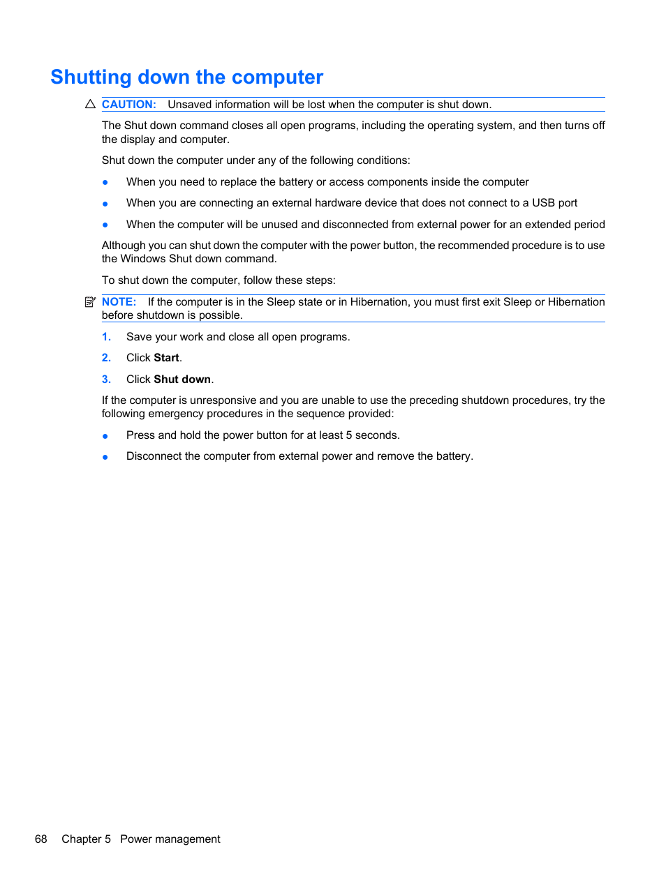 Shutting down the computer | HP EliteBook 8740w Mobile Workstation User Manual | Page 80 / 150
