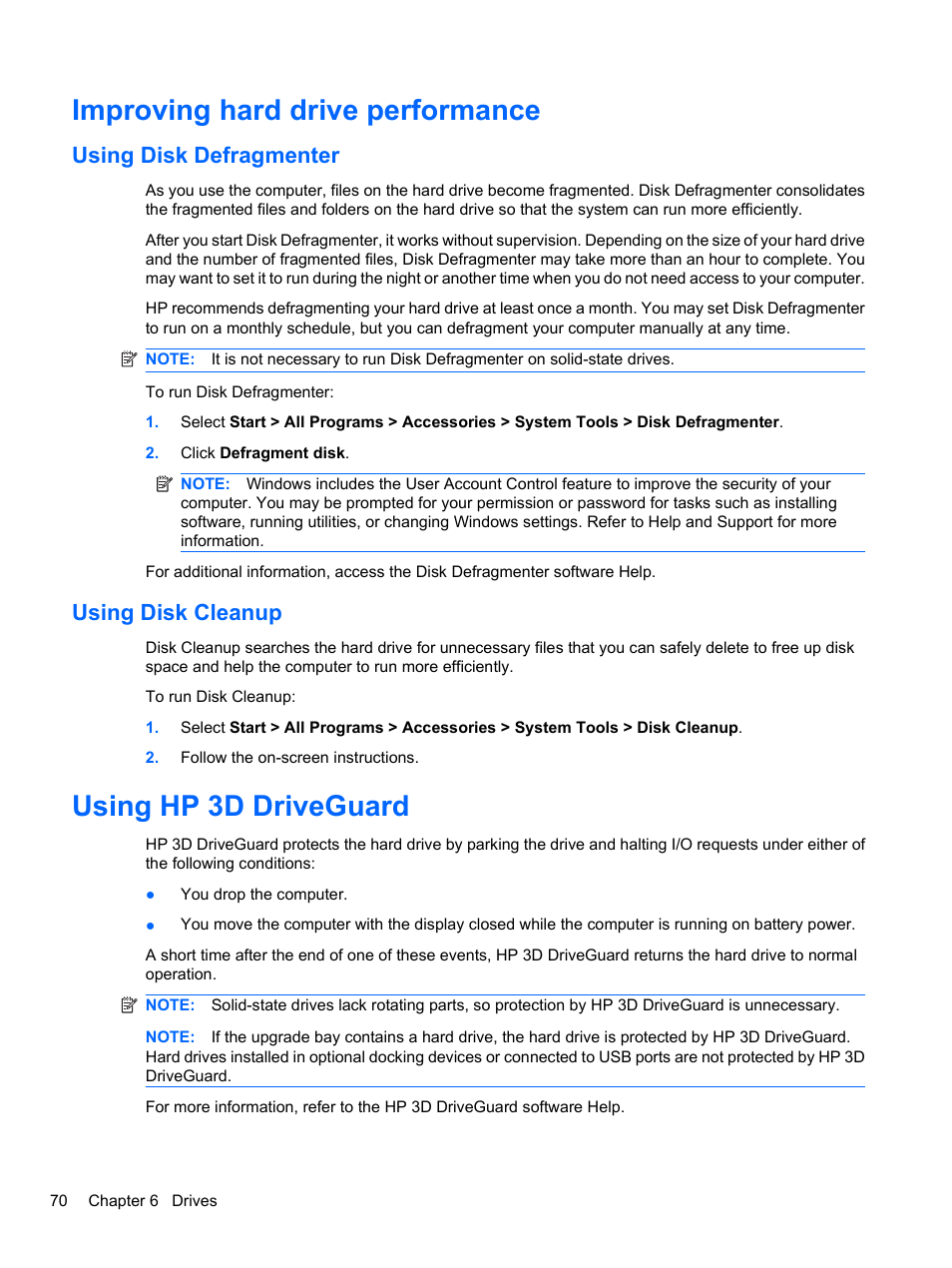 Improving hard drive performance, Using disk defragmenter, Using disk cleanup | Using hp 3d driveguard | HP EliteBook 8740w Mobile Workstation User Manual | Page 82 / 150