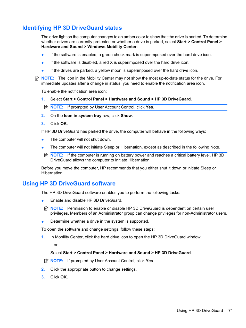 Identifying hp 3d driveguard status, Using hp 3d driveguard software | HP EliteBook 8740w Mobile Workstation User Manual | Page 83 / 150