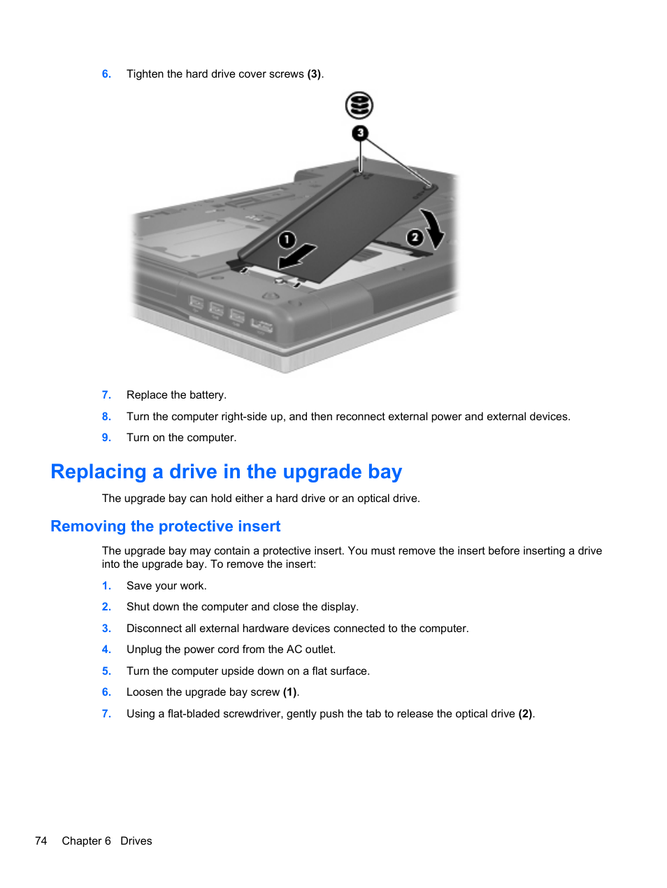 Replacing a drive in the upgrade bay, Removing the protective insert | HP EliteBook 8740w Mobile Workstation User Manual | Page 86 / 150