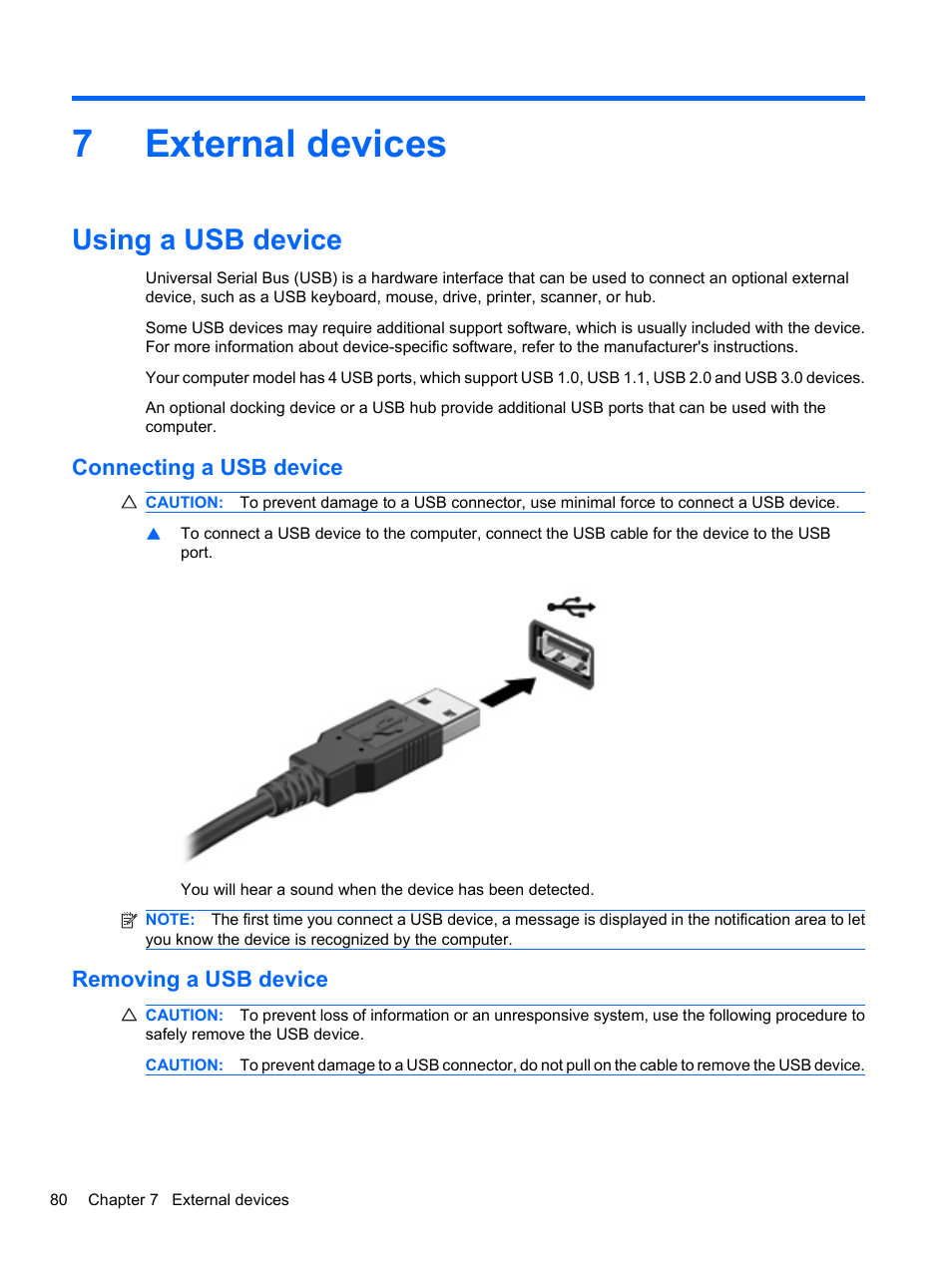 External devices, Using a usb device, Connecting a usb device | Removing a usb device, 7 external devices, Connecting a usb device removing a usb device, 7external devices | HP EliteBook 8740w Mobile Workstation User Manual | Page 92 / 150