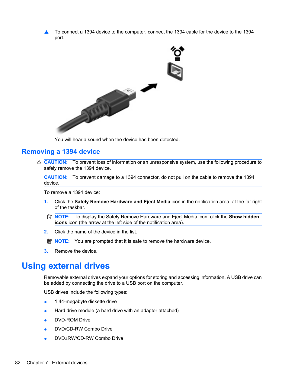 Removing a 1394 device, Using external drives | HP EliteBook 8740w Mobile Workstation User Manual | Page 94 / 150