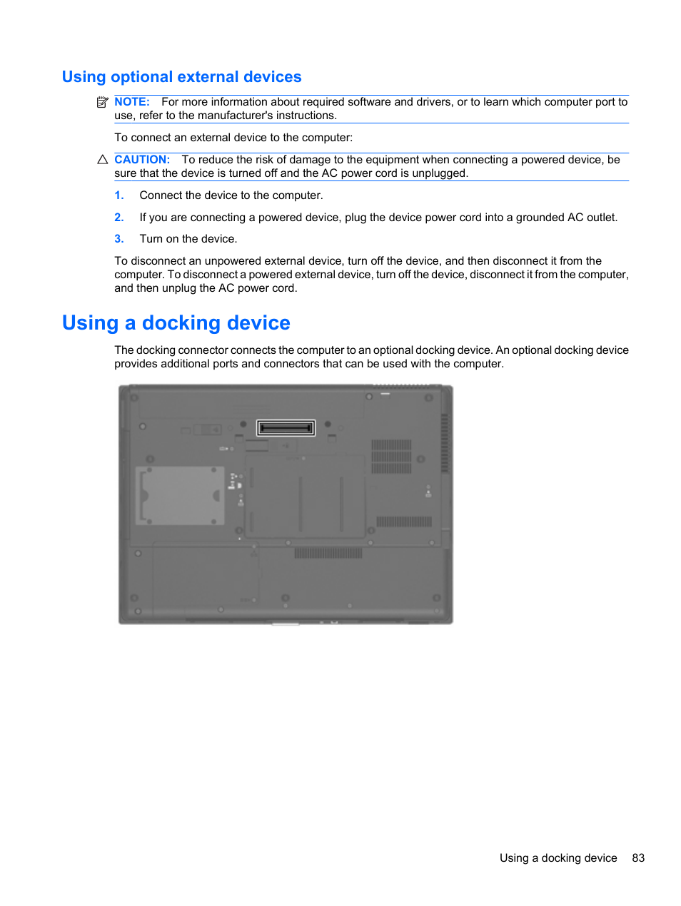 Using optional external devices, Using a docking device | HP EliteBook 8740w Mobile Workstation User Manual | Page 95 / 150