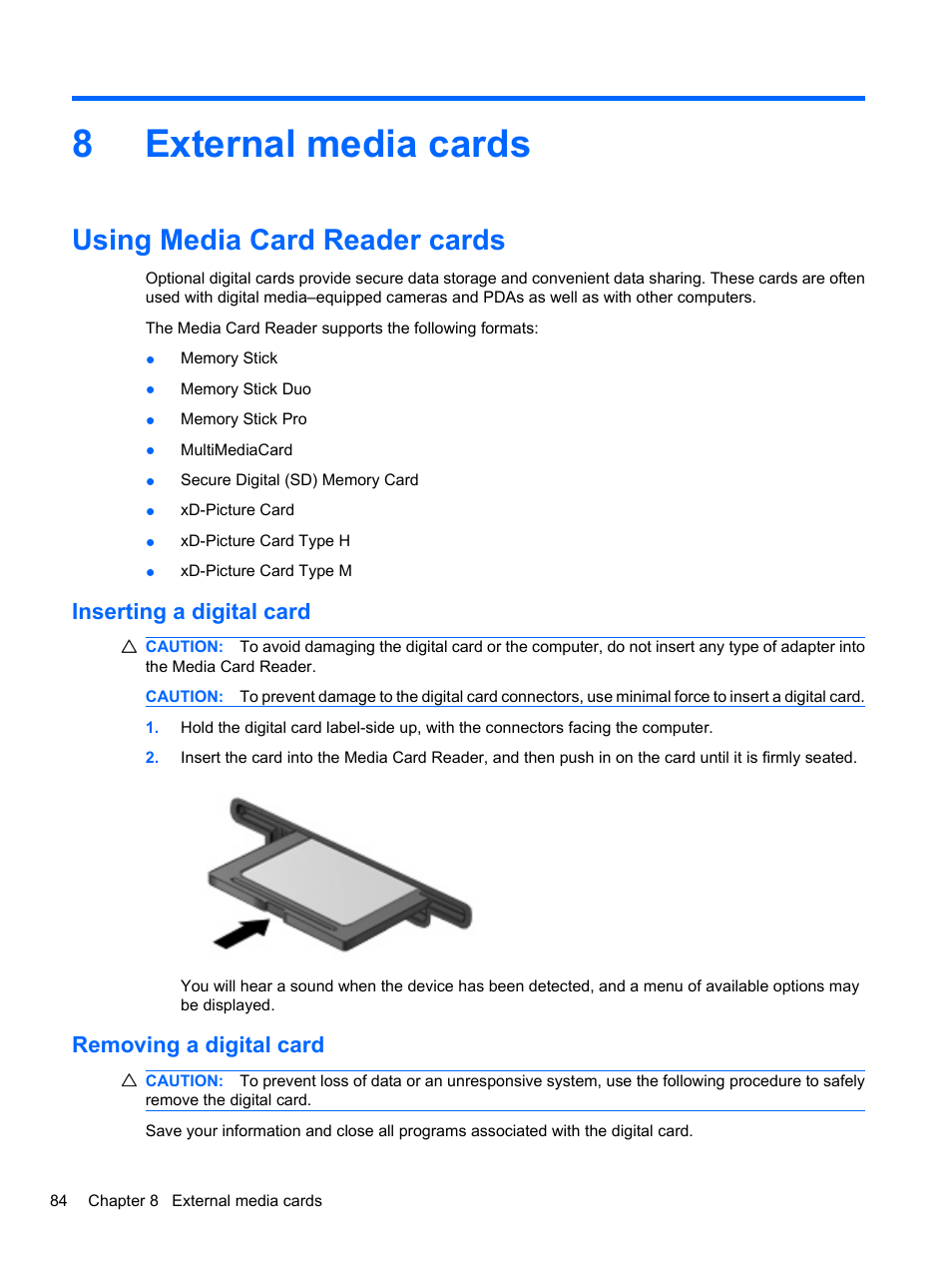 External media cards, Using media card reader cards, Inserting a digital card | Removing a digital card, 8 external media cards, Inserting a digital card removing a digital card, 8external media cards | HP EliteBook 8740w Mobile Workstation User Manual | Page 96 / 150