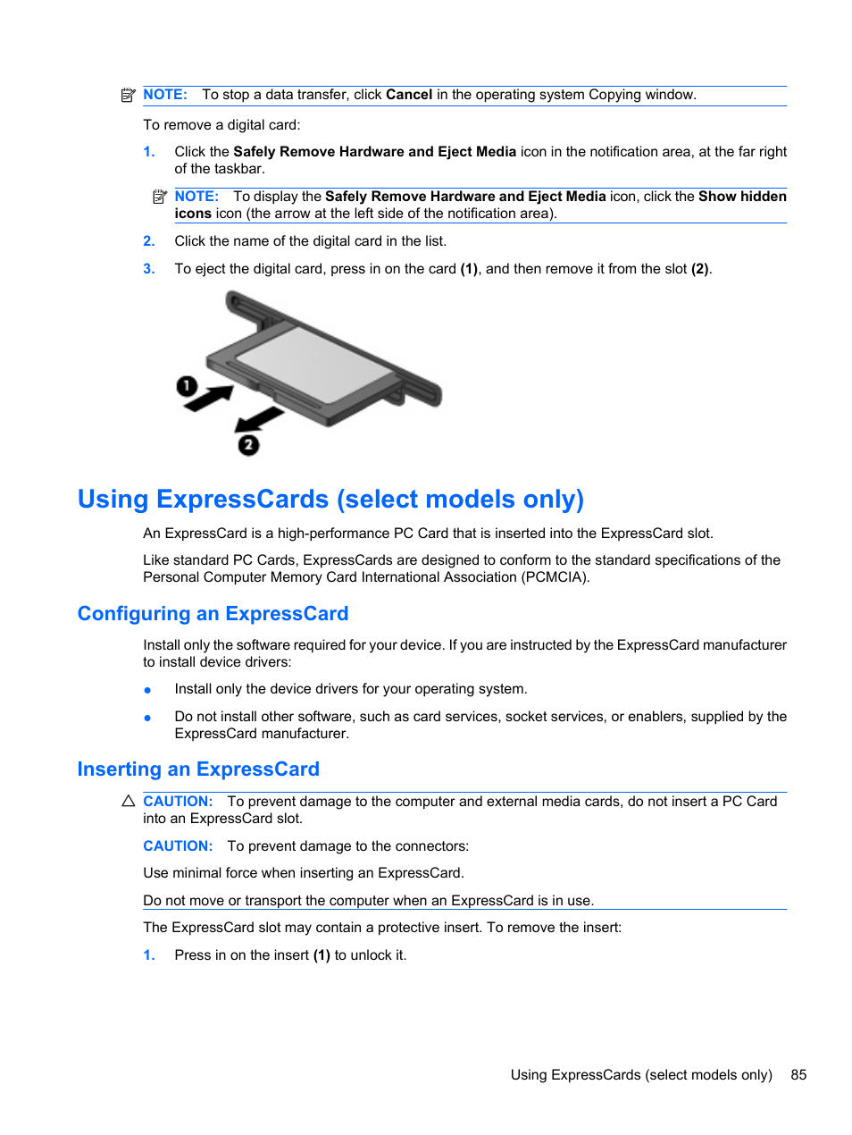 Using expresscards (select models only), Configuring an expresscard, Inserting an expresscard | HP EliteBook 8740w Mobile Workstation User Manual | Page 97 / 150