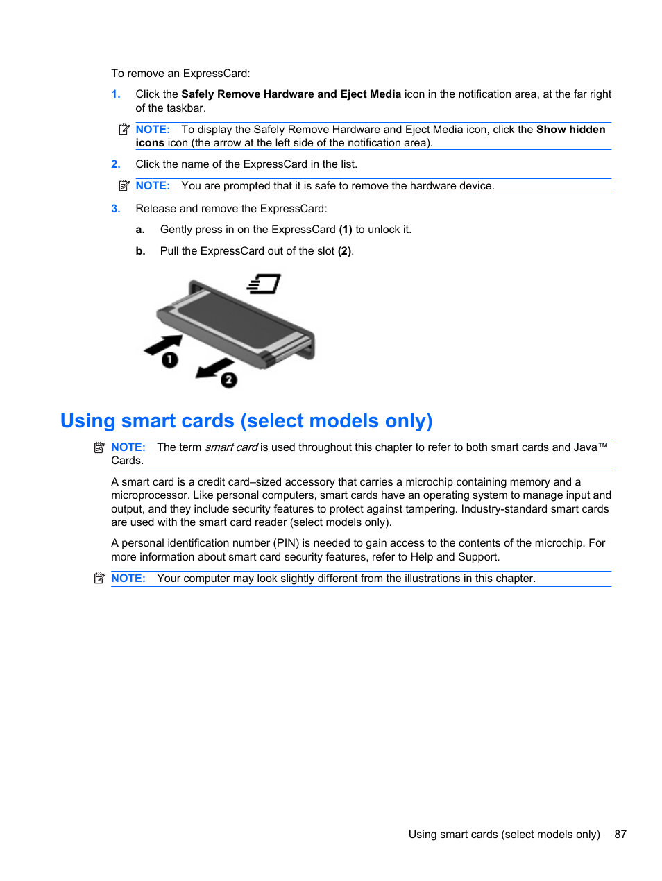 Using smart cards (select models only) | HP EliteBook 8740w Mobile Workstation User Manual | Page 99 / 150