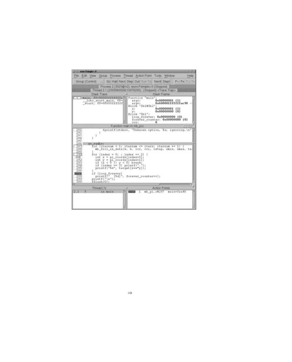 Figure 4-3: totalview process window example | HP XC System 2.x Software User Manual | Page 65 / 154