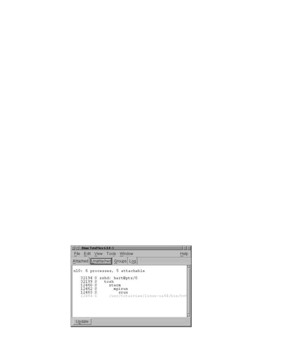 7 debugging running applications, Figure 4-4: unattached window | HP XC System 2.x Software User Manual | Page 66 / 154