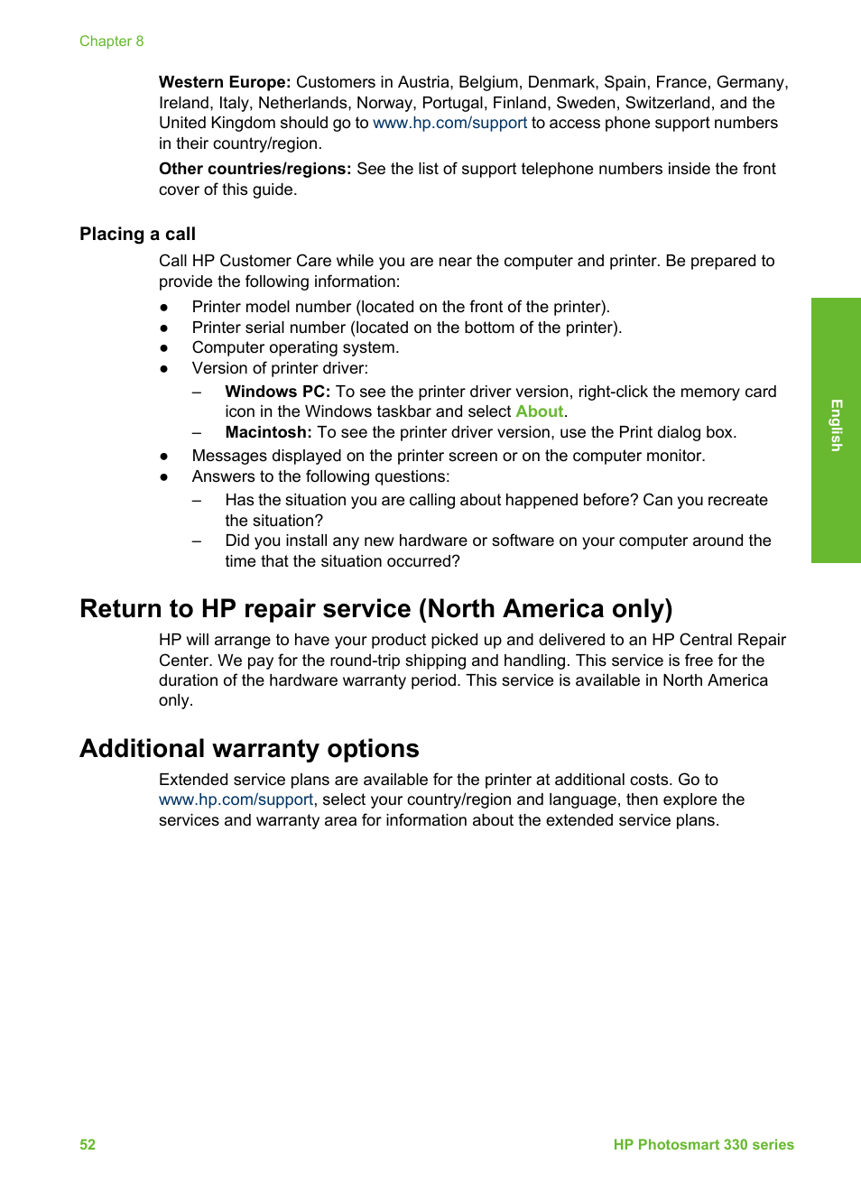 Placing a call, Return to hp repair service (north america only), Additional warranty options | HP Photosmart 335 Compact Photo Printer User Manual | Page 114 / 178