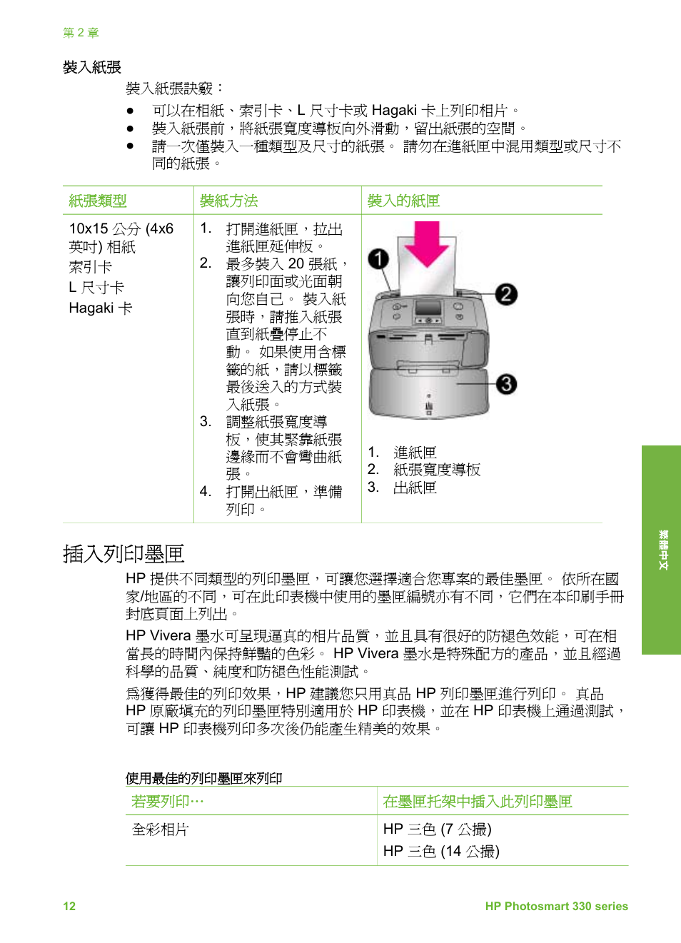 裝入紙張, 插入列印墨匣 | HP Photosmart 335 Compact Photo Printer User Manual | Page 135 / 178