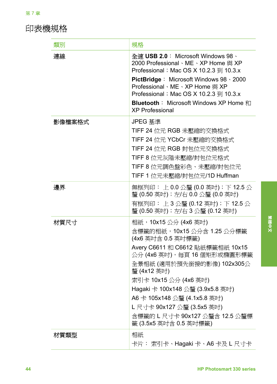 印表機規格 | HP Photosmart 335 Compact Photo Printer User Manual | Page 167 / 178