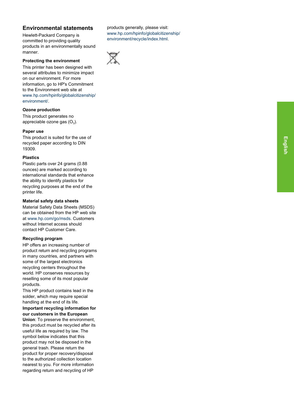 Environmental statements | HP Photosmart 335 Compact Photo Printer User Manual | Page 62 / 178