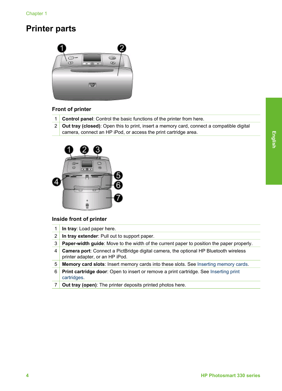 Printer parts | HP Photosmart 335 Compact Photo Printer User Manual | Page 66 / 178