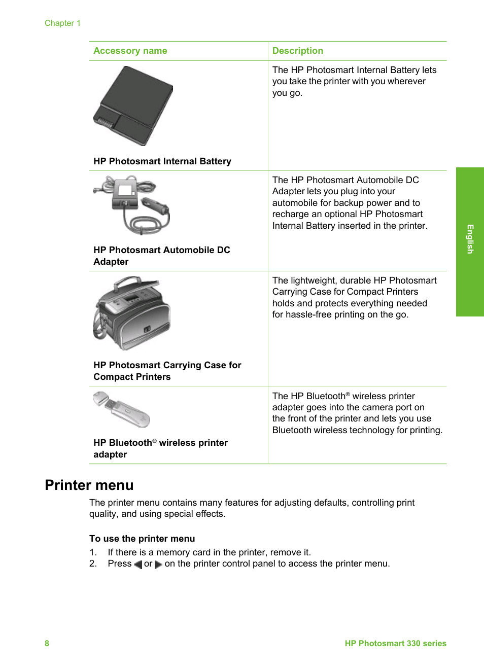 Printer menu | HP Photosmart 335 Compact Photo Printer User Manual | Page 70 / 178