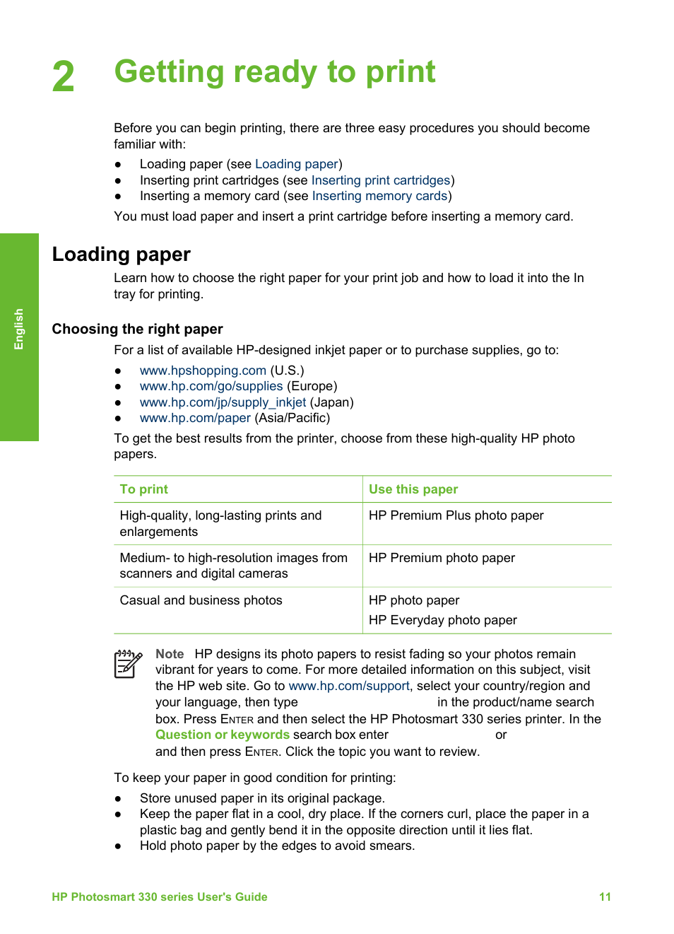 Getting ready to print, Loading paper, Choosing the right paper | Choosing the right paper loading your paper | HP Photosmart 335 Compact Photo Printer User Manual | Page 73 / 178