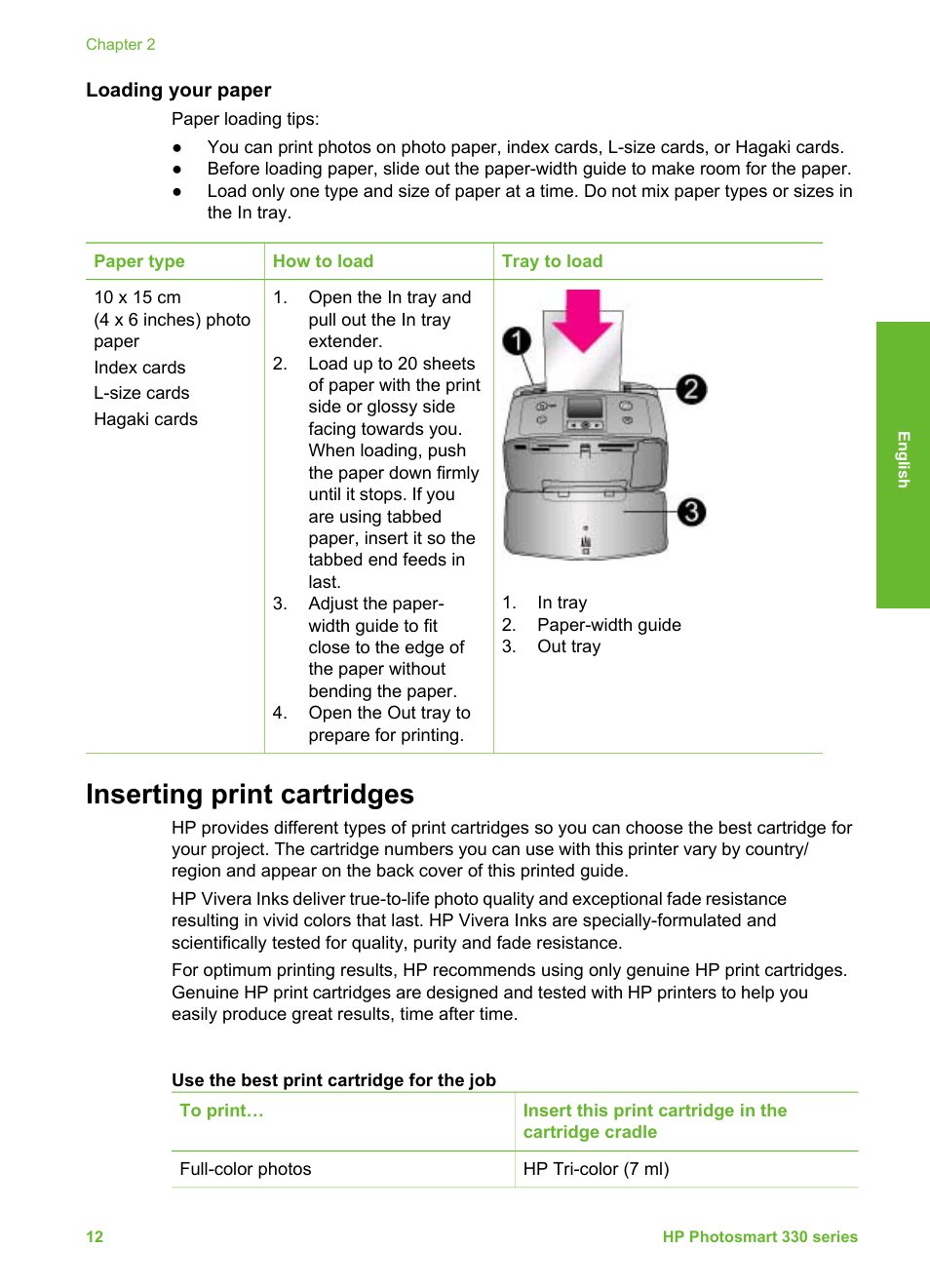 Loading your paper, Inserting print cartridges, Inserting print | Cartridges, Inserting print cartridges (see | HP Photosmart 335 Compact Photo Printer User Manual | Page 74 / 178