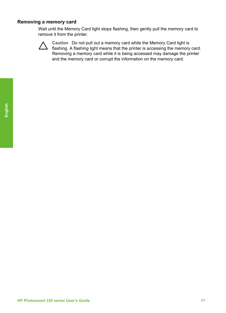 Removing a memory card | HP Photosmart 335 Compact Photo Printer User Manual | Page 79 / 178