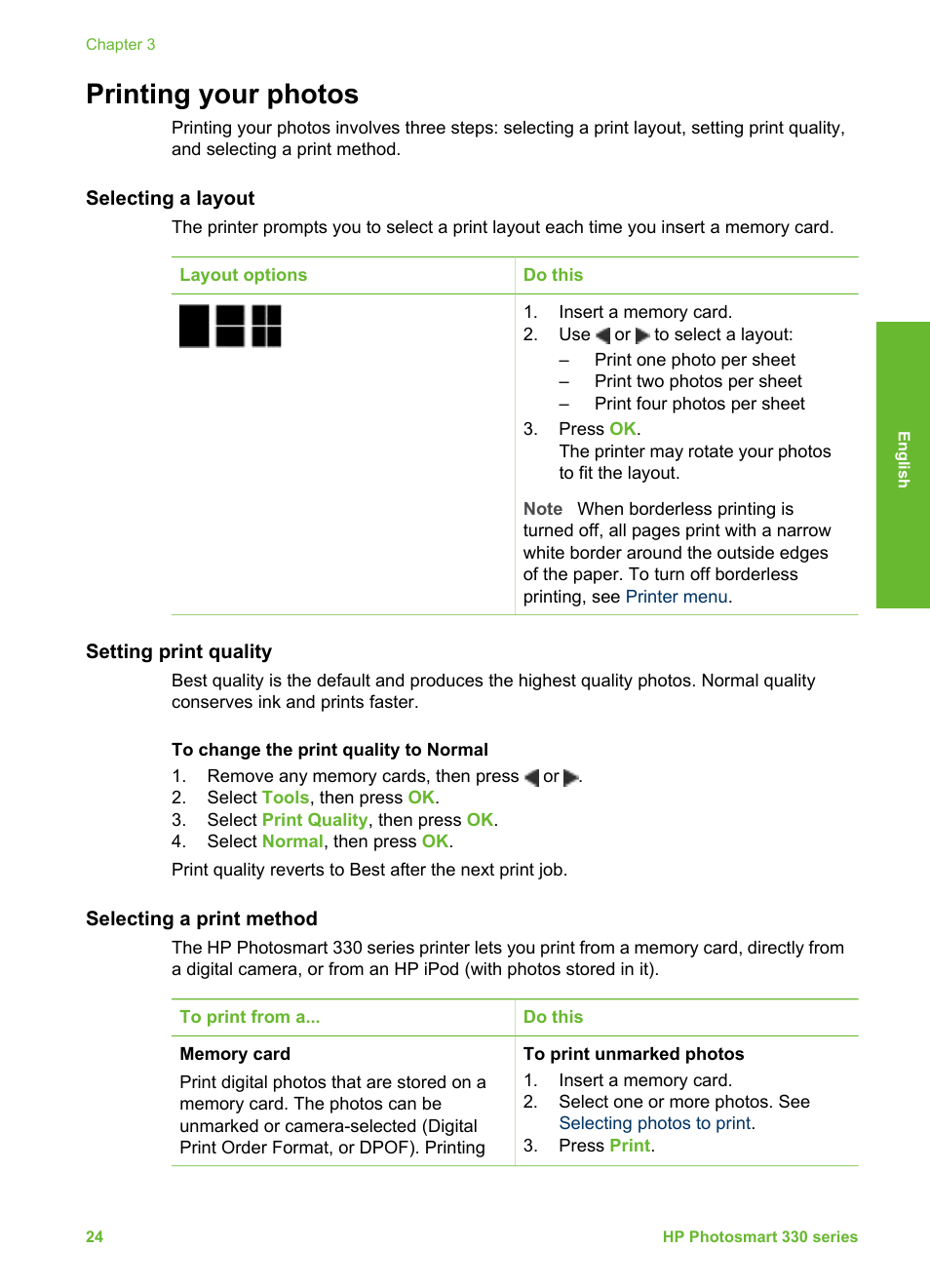 Printing your photos, Selecting a layout, Setting print quality | Selecting a print method, Photos. see, Selecting a, Layout | HP Photosmart 335 Compact Photo Printer User Manual | Page 86 / 178