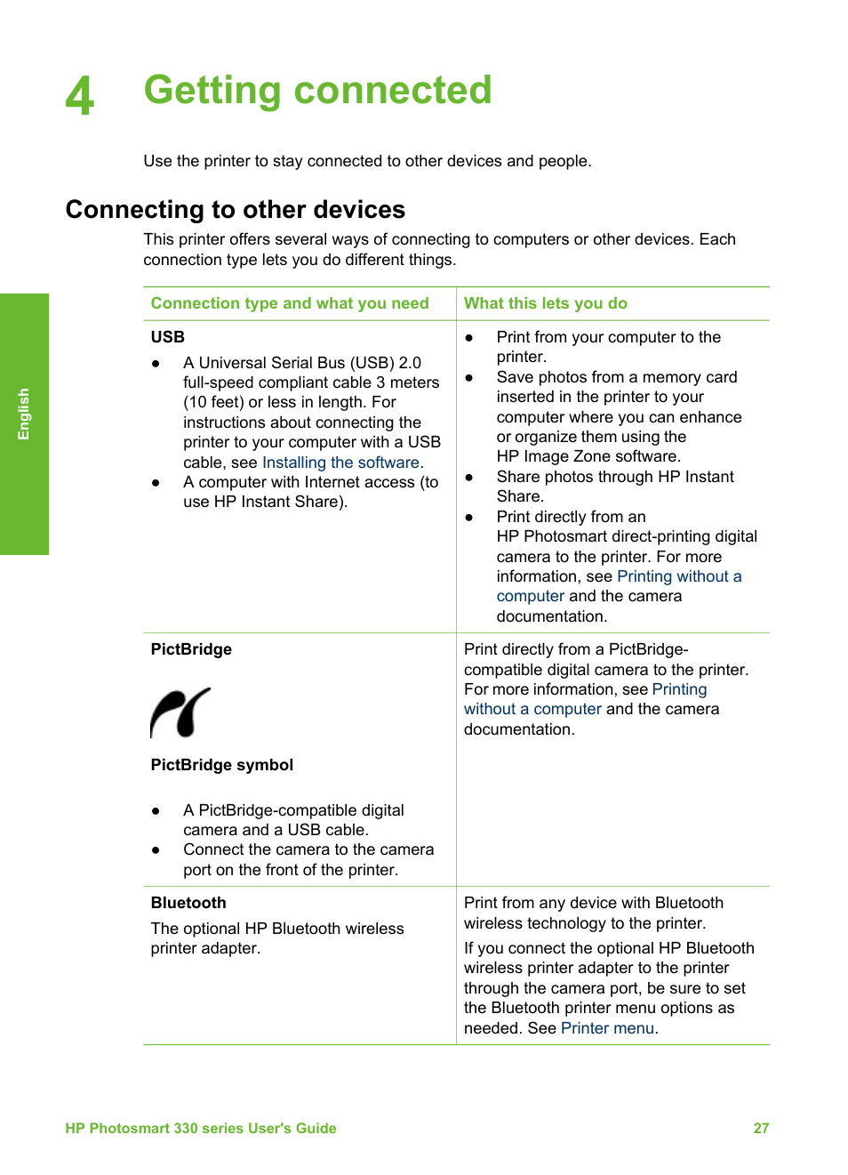 Getting connected, Connecting to other devices, Getting | Connected, Connecting to other, Devices | HP Photosmart 335 Compact Photo Printer User Manual | Page 89 / 178