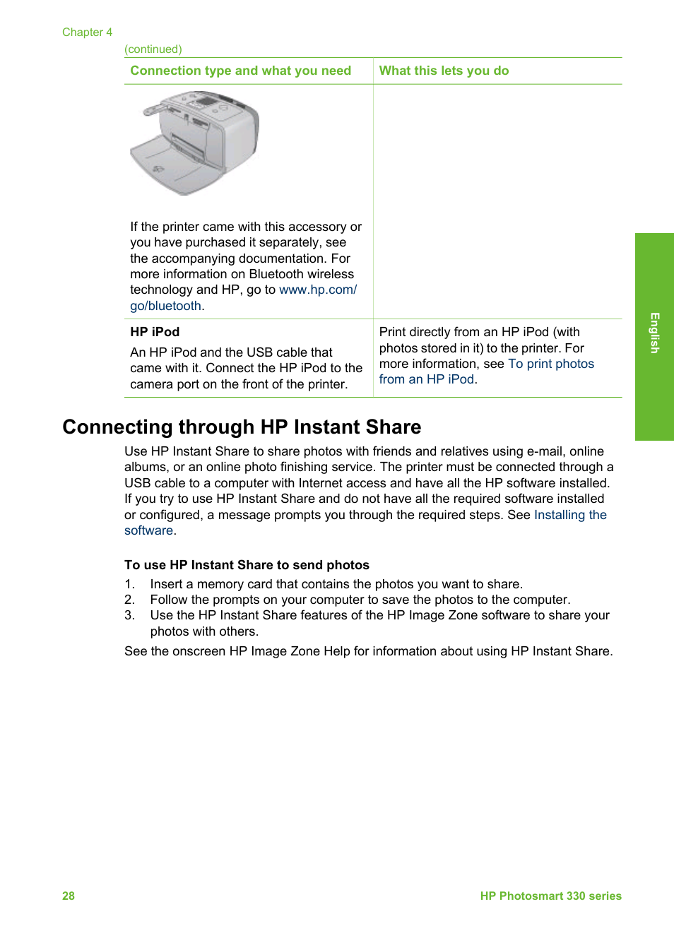 Connecting through hp instant share | HP Photosmart 335 Compact Photo Printer User Manual | Page 90 / 178