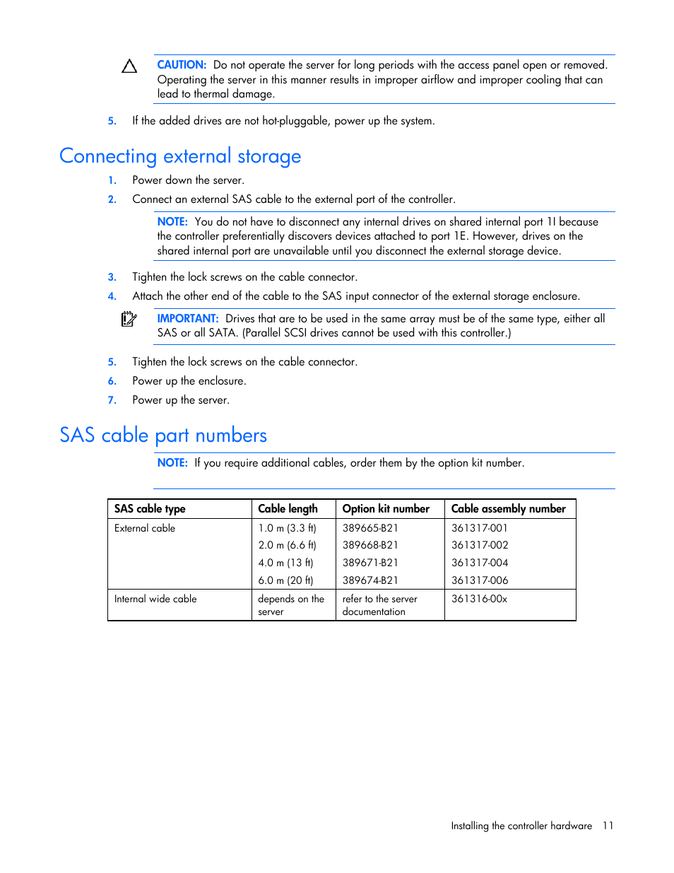 Connecting external storage, Sas cable part numbers, Devices | That c | HP Smart Array P600-Controller User Manual | Page 11 / 38