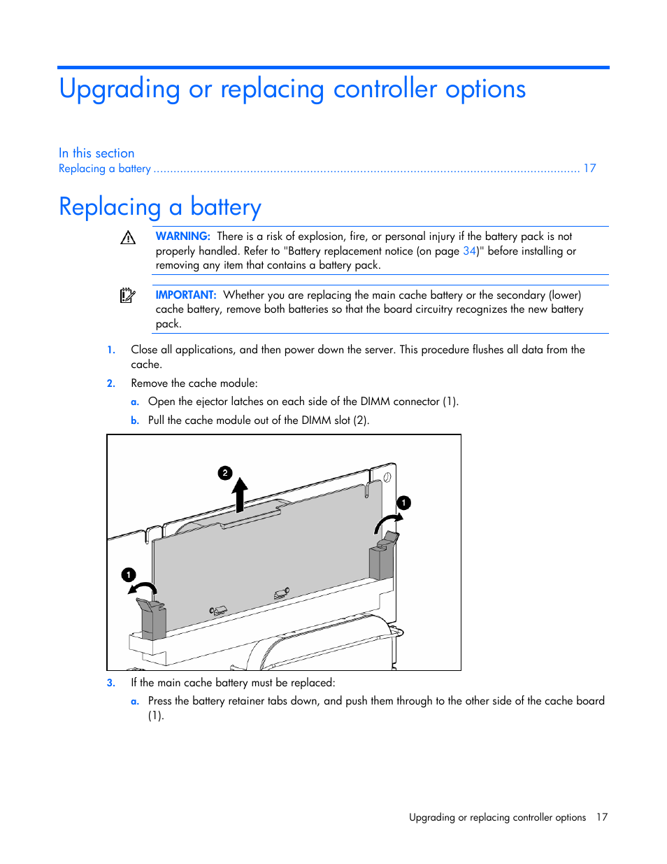 Upgrading or replacing controller options, Replacing a battery | HP Smart Array P600-Controller User Manual | Page 17 / 38