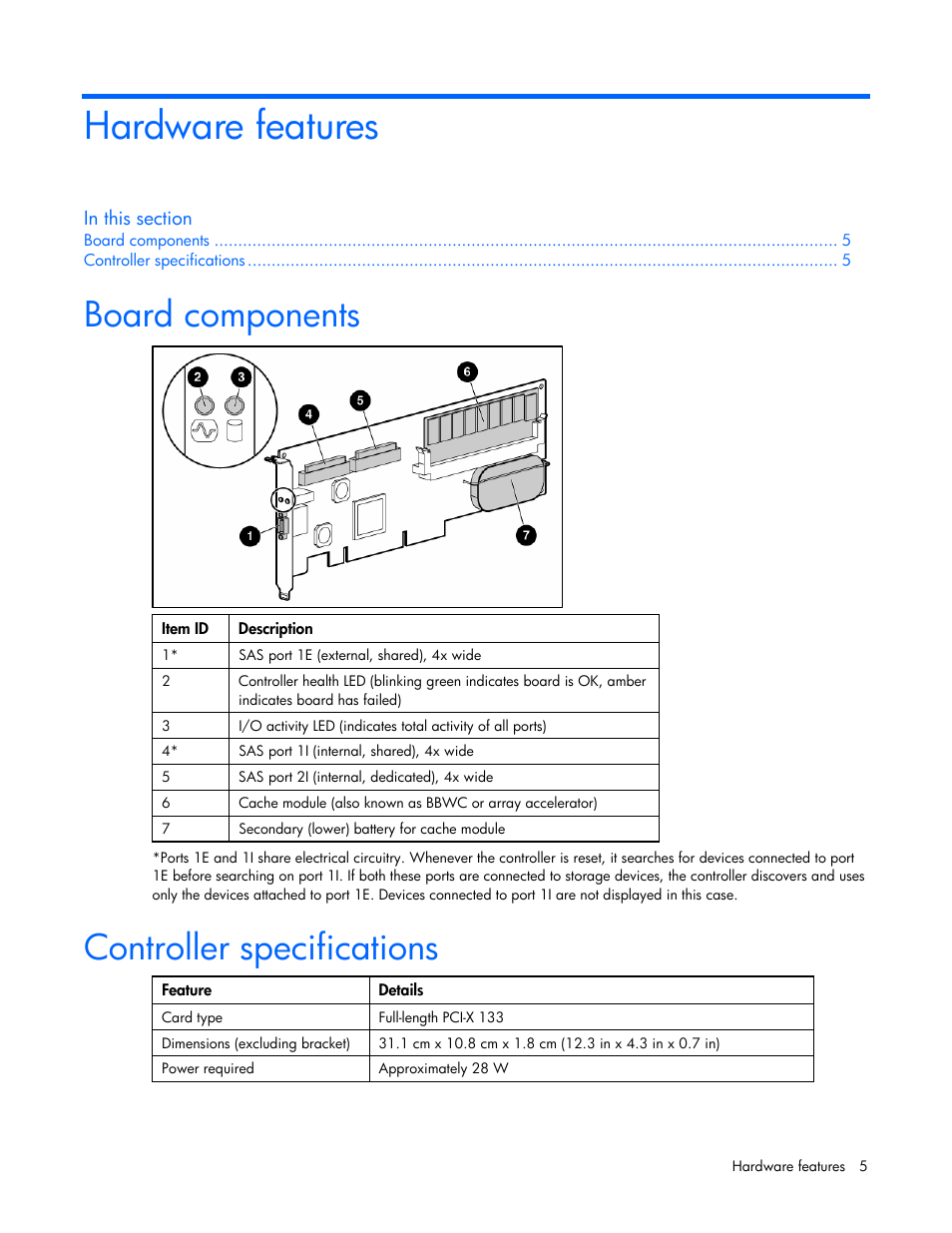 Hardware features, Board components, Controller specifications | HP Smart Array P600-Controller User Manual | Page 5 / 38