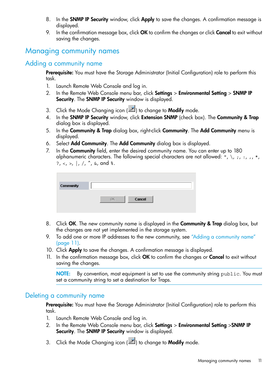 Managing community names, Adding a community name, Deleting a community name | Adding a community name deleting a community name | HP XP RAID Manager Software User Manual | Page 11 / 37