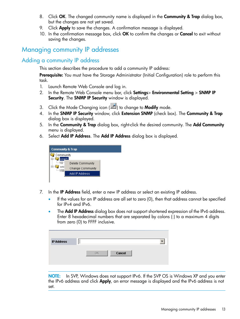 Managing community ip addresses, Adding a community ip address | HP XP RAID Manager Software User Manual | Page 13 / 37