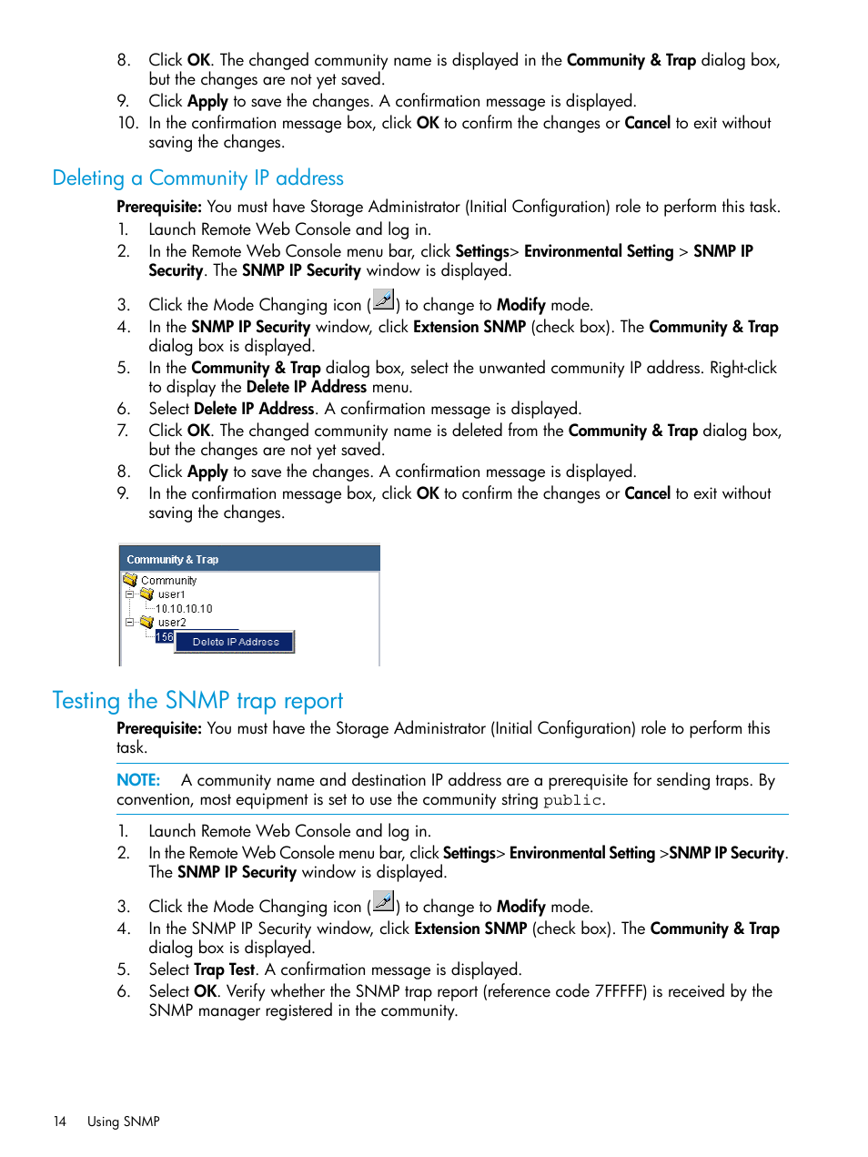 Deleting a community ip address, Testing the snmp trap report | HP XP RAID Manager Software User Manual | Page 14 / 37