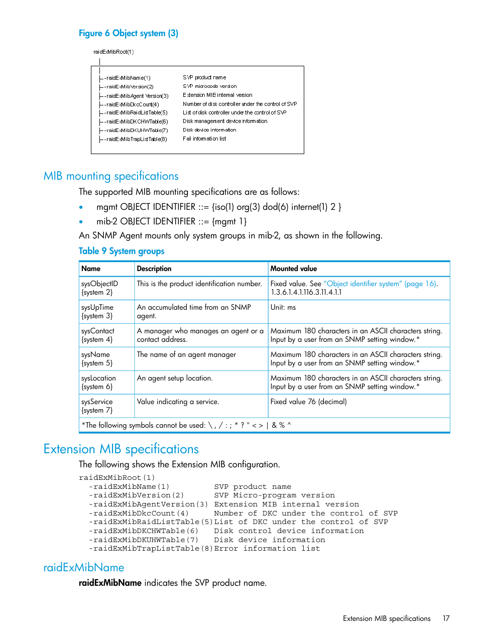 Mib mounting specifications, Extension mib specifications, Raidexmibname | HP XP RAID Manager Software User Manual | Page 17 / 37