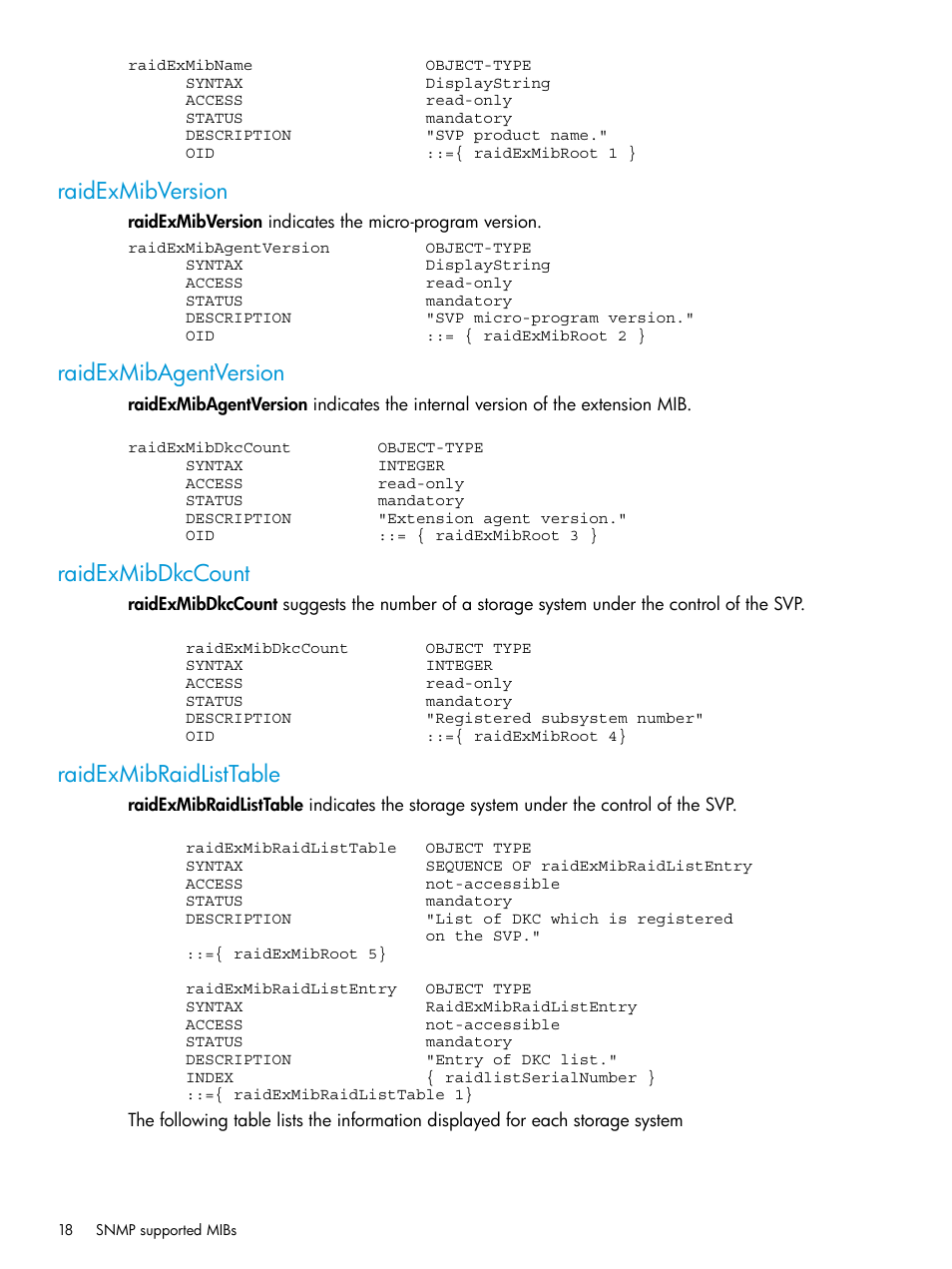 Raidexmibversion, Raidexmibagentversion, Raidexmibdkccount | Raidexmibraidlisttable | HP XP RAID Manager Software User Manual | Page 18 / 37