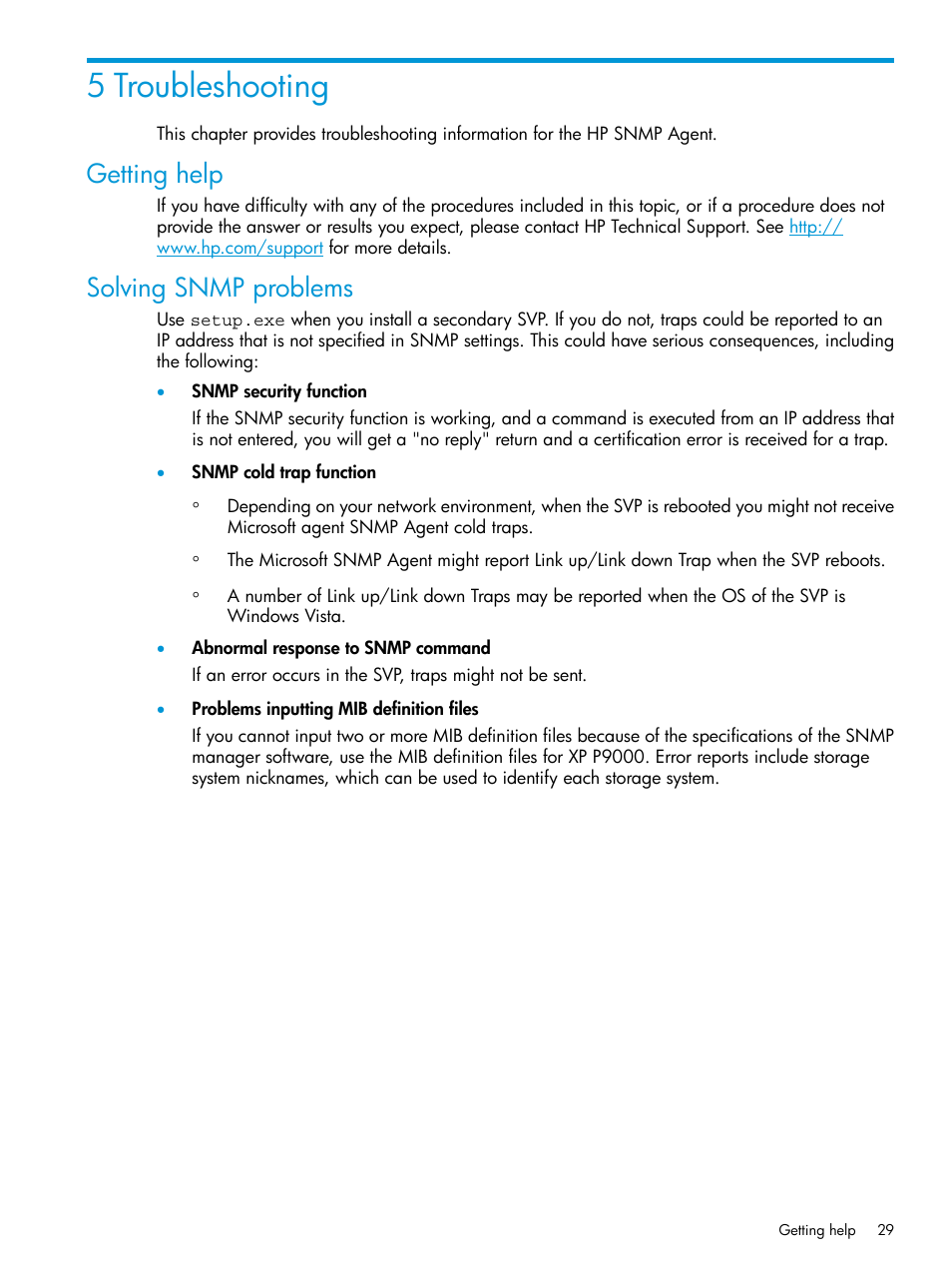 5 troubleshooting, Getting help, Solving snmp problems | Getting help solving snmp problems | HP XP RAID Manager Software User Manual | Page 29 / 37