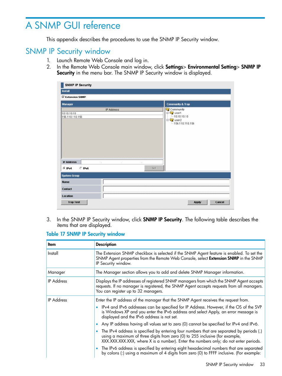 A snmp gui reference, Snmp ip security window | HP XP RAID Manager Software User Manual | Page 33 / 37