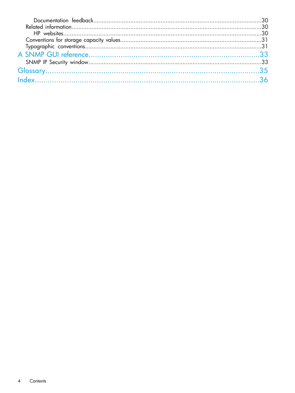 A snmp gui reference, Glossary index | HP XP RAID Manager Software User Manual | Page 4 / 37